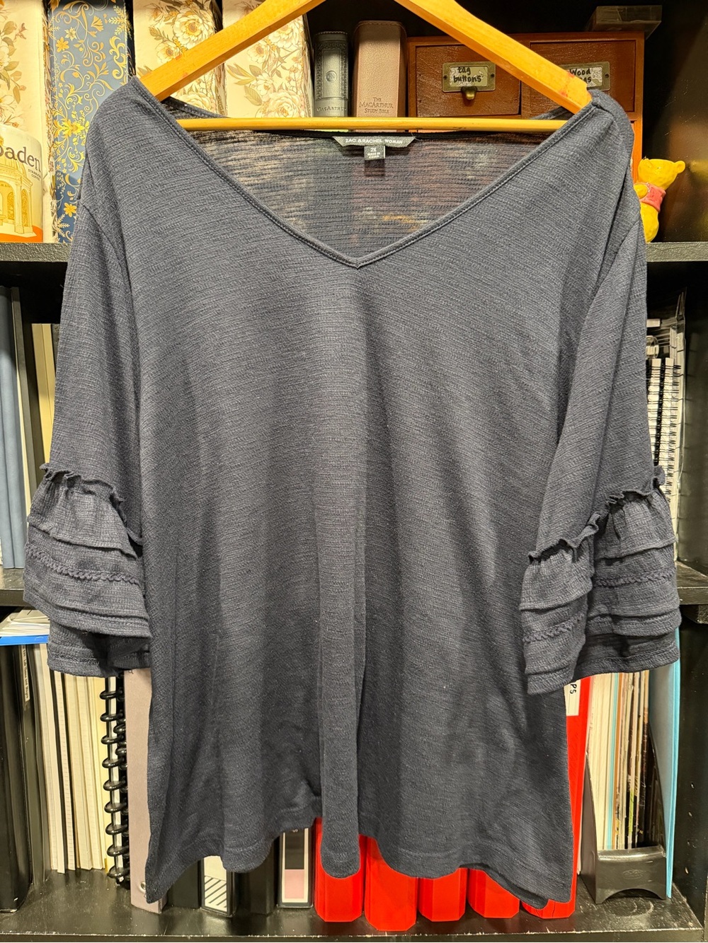 Zac & Rachel Navy V-Neck Ruffle Sleeve Tunic